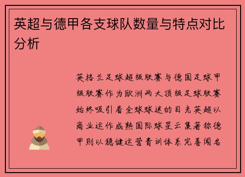 英超与德甲各支球队数量与特点对比分析