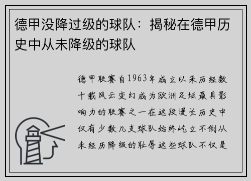 德甲没降过级的球队：揭秘在德甲历史中从未降级的球队